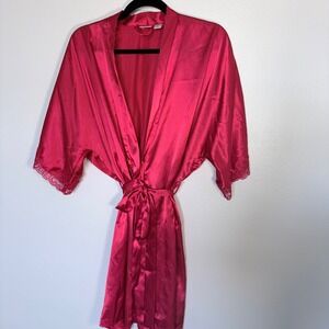 Fredericks of Hollywood Pink Satin Lace Trim Kimono Robe Size S